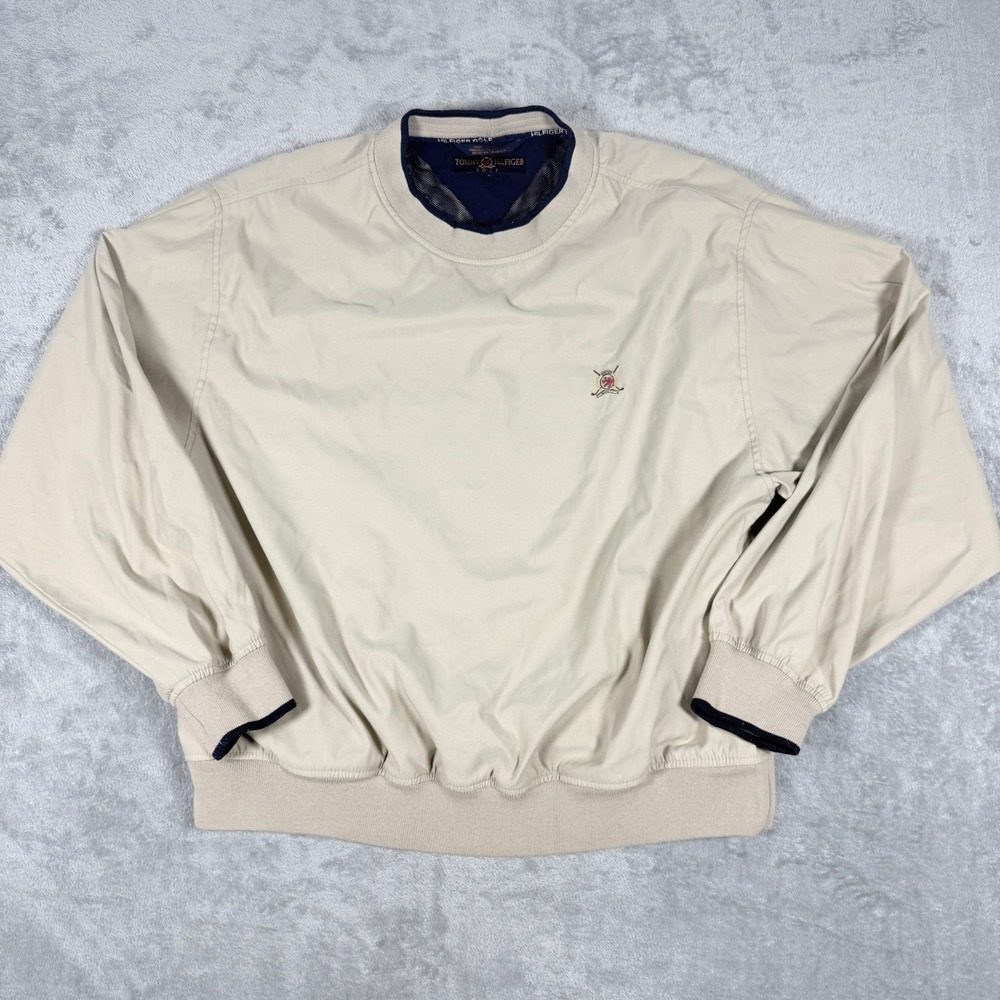 Vintage Tommy Hilfiger Mens XL Windbreaker Pullover Beige Golf Crest